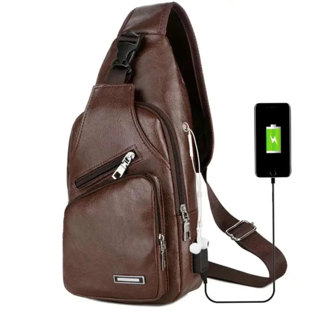 Men’s PU Leather Chest Bag – Casual Solid Color USB Charging Crossbody Bag
