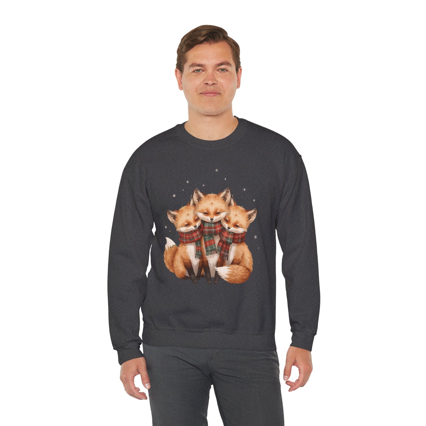 Fox Family Crewneck Sweatshirt - Cozy Plaid Scarf Foxes, Cute Winter Gift