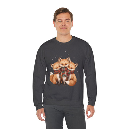 Fox Family Crewneck Sweatshirt - Cozy Plaid Scarf Foxes, Cute Winter Gift