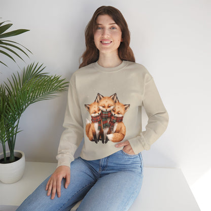Fox Family Crewneck Sweatshirt - Cozy Plaid Scarf Foxes, Cute Winter Gift