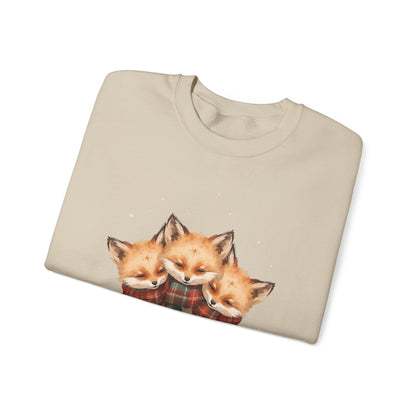 Fox Family Crewneck Sweatshirt - Cozy Plaid Scarf Foxes, Cute Winter Gift