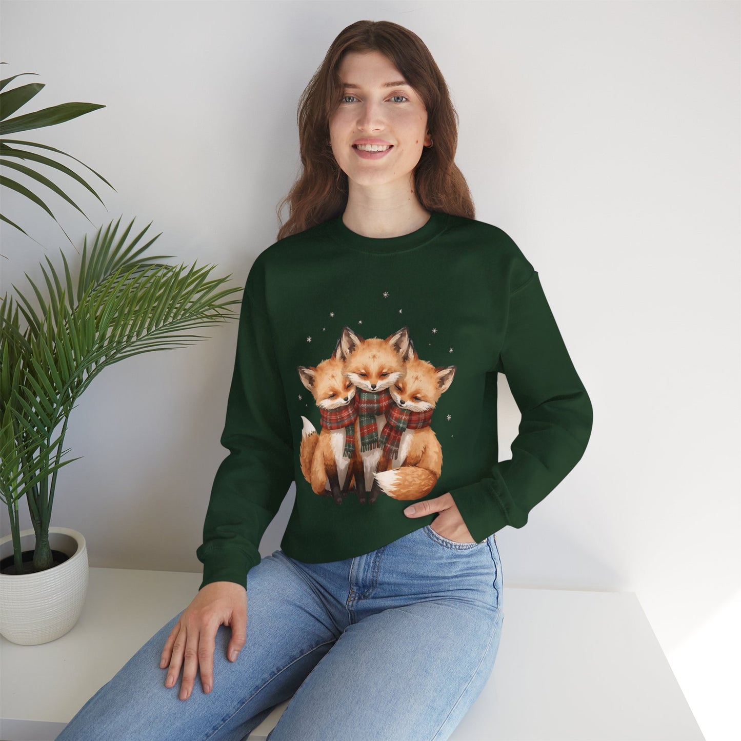 Fox Family Crewneck Sweatshirt - Cozy Plaid Scarf Foxes, Cute Winter Gift