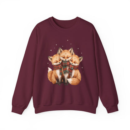 Fox Family Crewneck Sweatshirt - Cozy Plaid Scarf Foxes, Cute Winter Gift