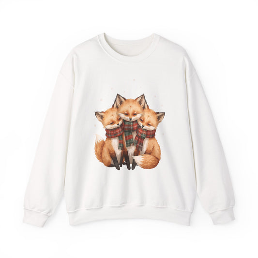 Fox Family Crewneck Sweatshirt - Cozy Plaid Scarf Foxes, Cute Winter Gift