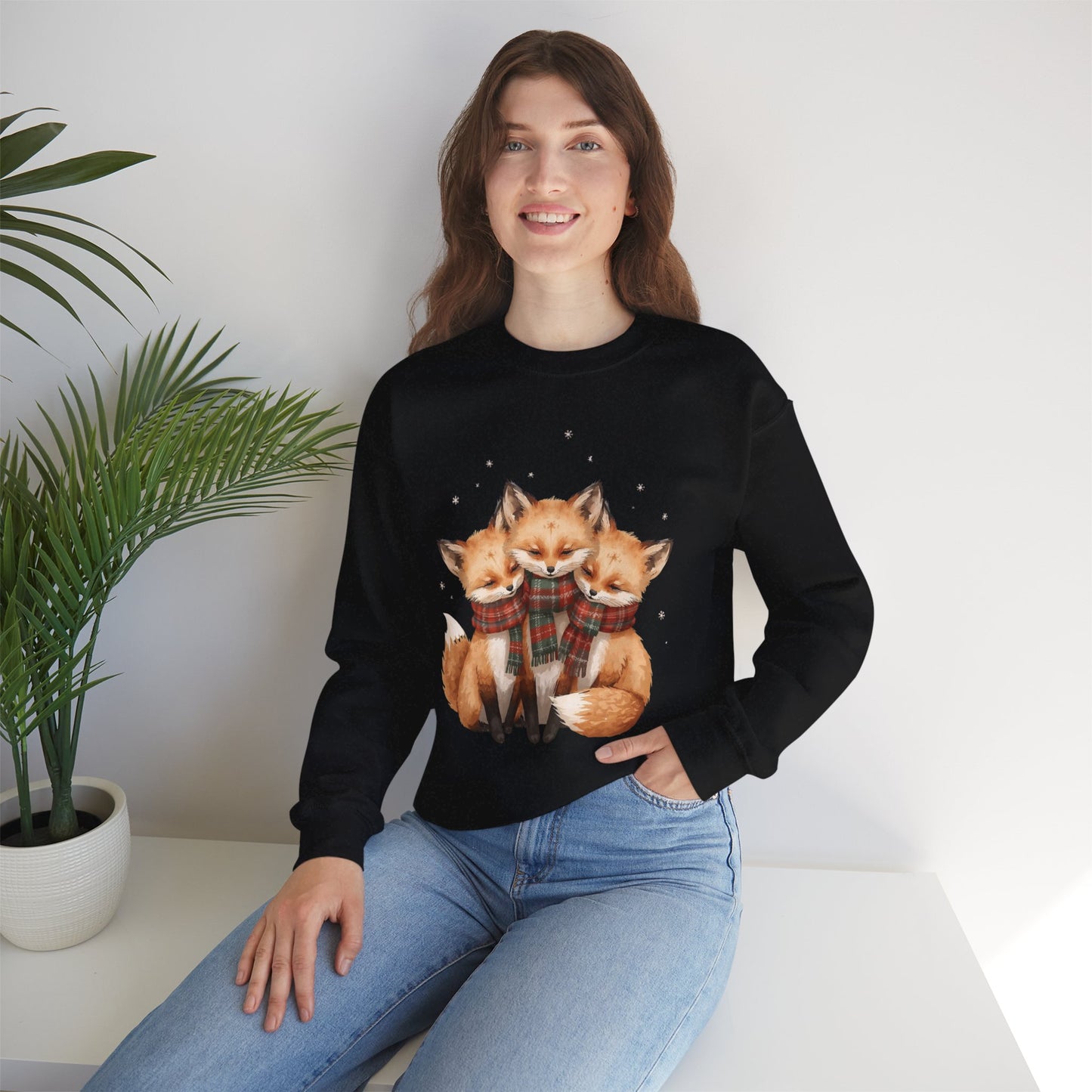 Fox Family Crewneck Sweatshirt - Cozy Plaid Scarf Foxes, Cute Winter Gift