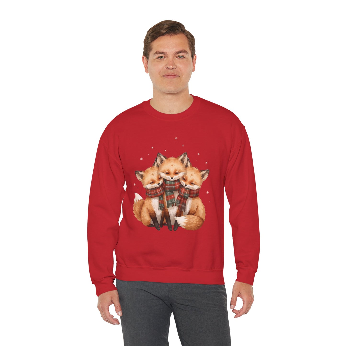 Fox Family Crewneck Sweatshirt - Cozy Plaid Scarf Foxes, Cute Winter Gift