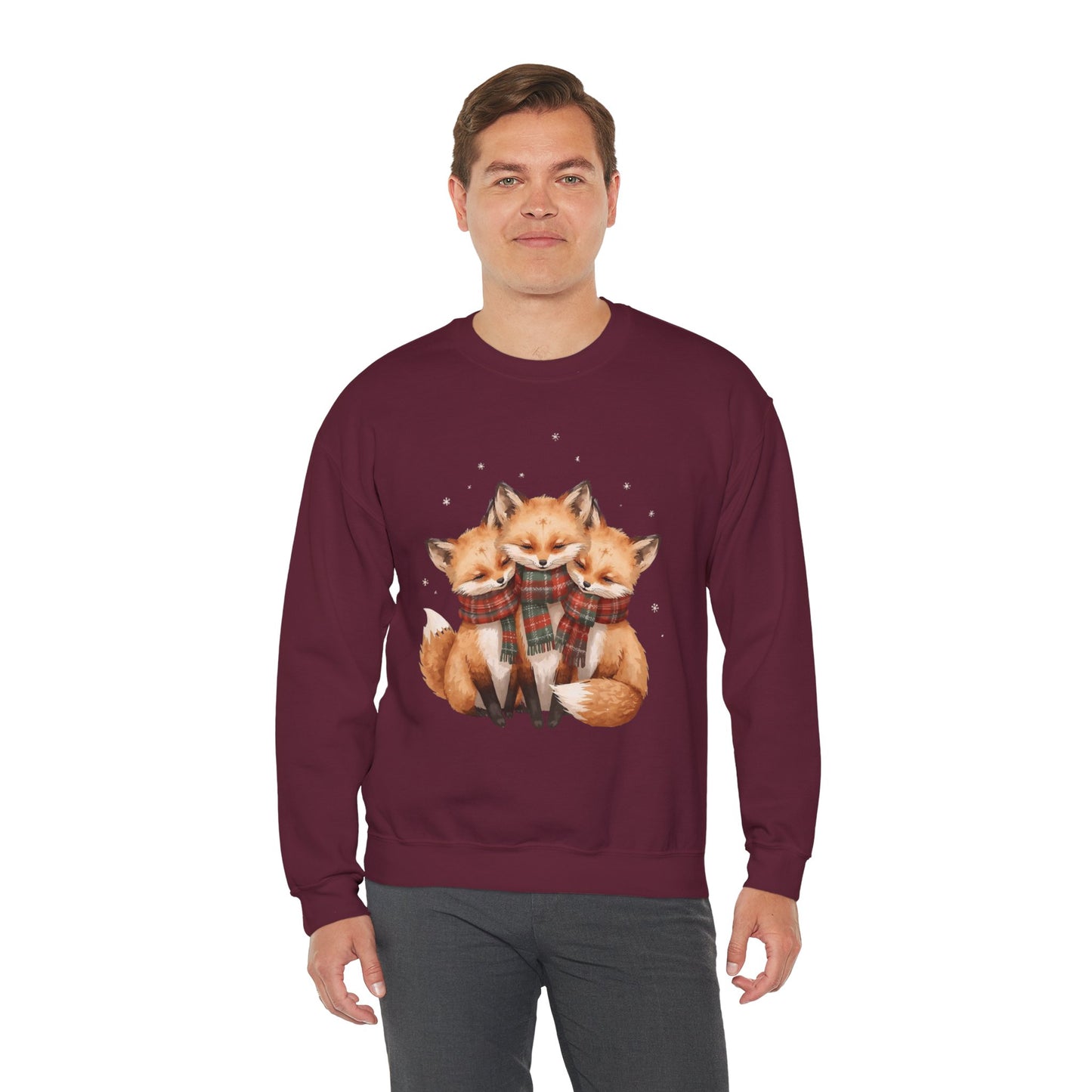 Fox Family Crewneck Sweatshirt - Cozy Plaid Scarf Foxes, Cute Winter Gift