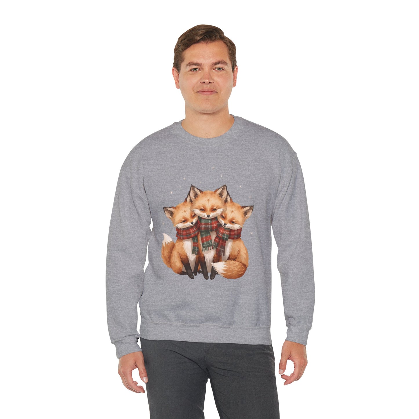 Fox Family Crewneck Sweatshirt - Cozy Plaid Scarf Foxes, Cute Winter Gift