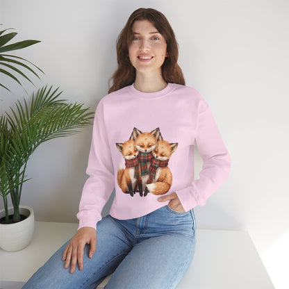 Fox Family Crewneck Sweatshirt - Cozy Plaid Scarf Foxes, Cute Winter Gift