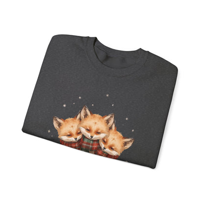 Fox Family Crewneck Sweatshirt - Cozy Plaid Scarf Foxes, Cute Winter Gift