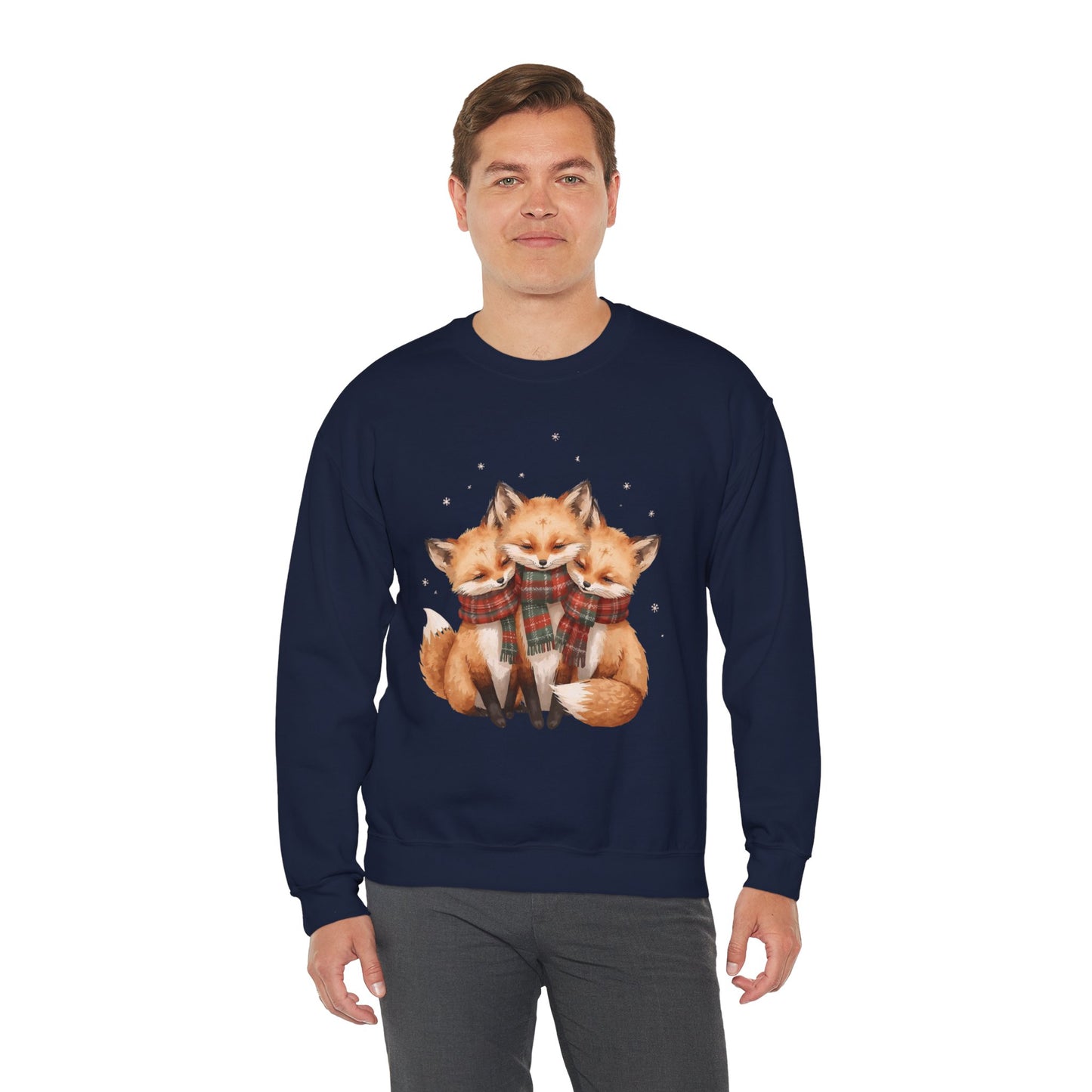 Fox Family Crewneck Sweatshirt - Cozy Plaid Scarf Foxes, Cute Winter Gift