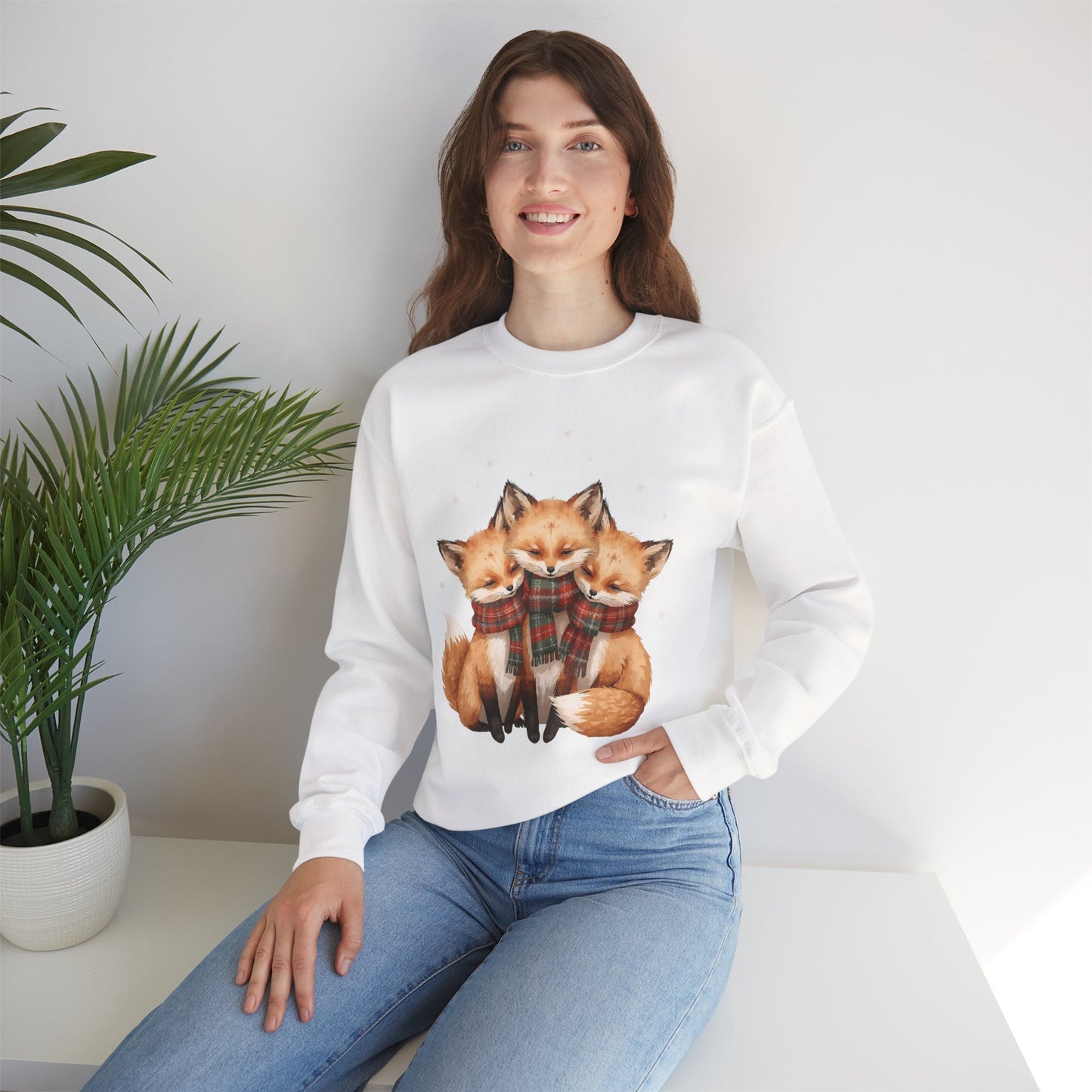 Fox Family Crewneck Sweatshirt - Cozy Plaid Scarf Foxes, Cute Winter Gift
