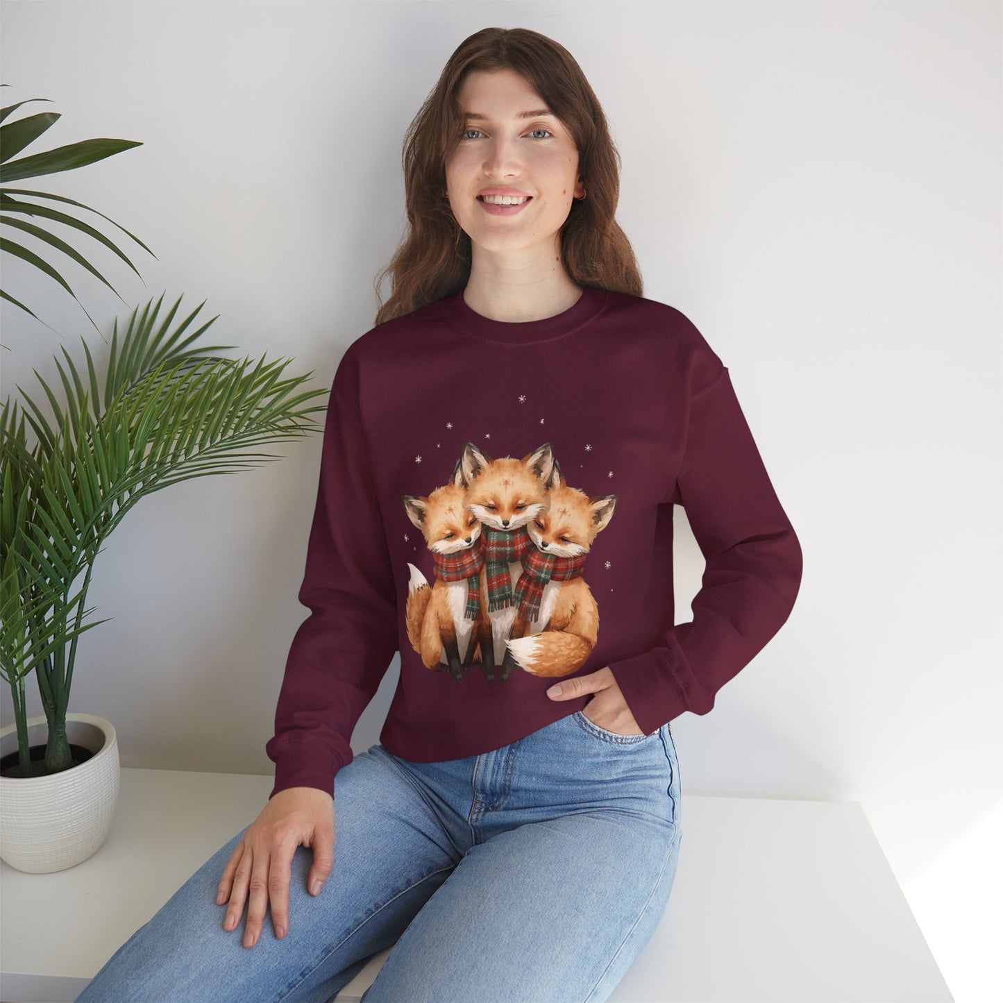 Fox Family Crewneck Sweatshirt - Cozy Plaid Scarf Foxes, Cute Winter Gift