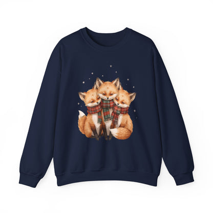 Fox Family Crewneck Sweatshirt - Cozy Plaid Scarf Foxes, Cute Winter Gift