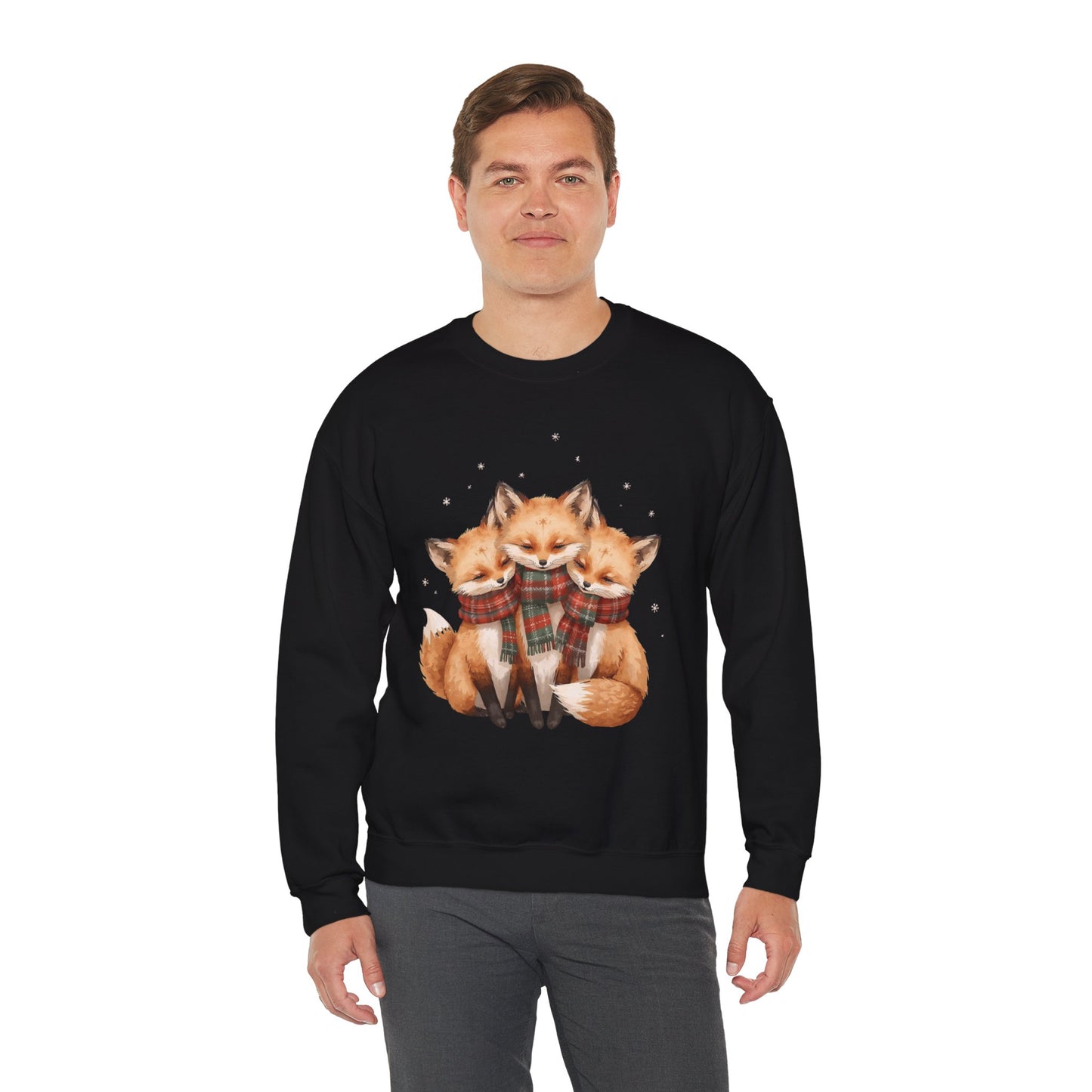 Fox Family Crewneck Sweatshirt - Cozy Plaid Scarf Foxes, Cute Winter Gift