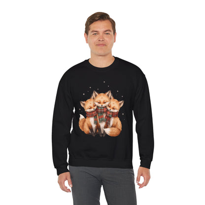 Fox Family Crewneck Sweatshirt - Cozy Plaid Scarf Foxes, Cute Winter Gift