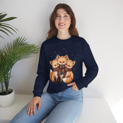 Fox Family Crewneck Sweatshirt - Cozy Plaid Scarf Foxes, Cute Winter Gift