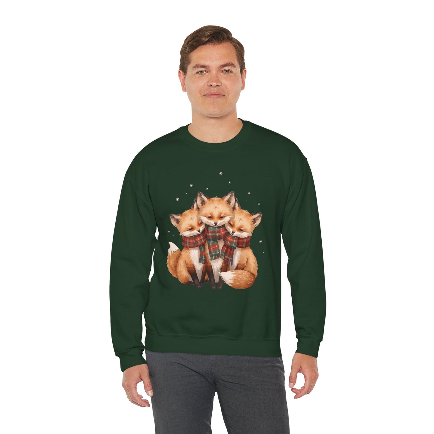 Fox Family Crewneck Sweatshirt - Cozy Plaid Scarf Foxes, Cute Winter Gift