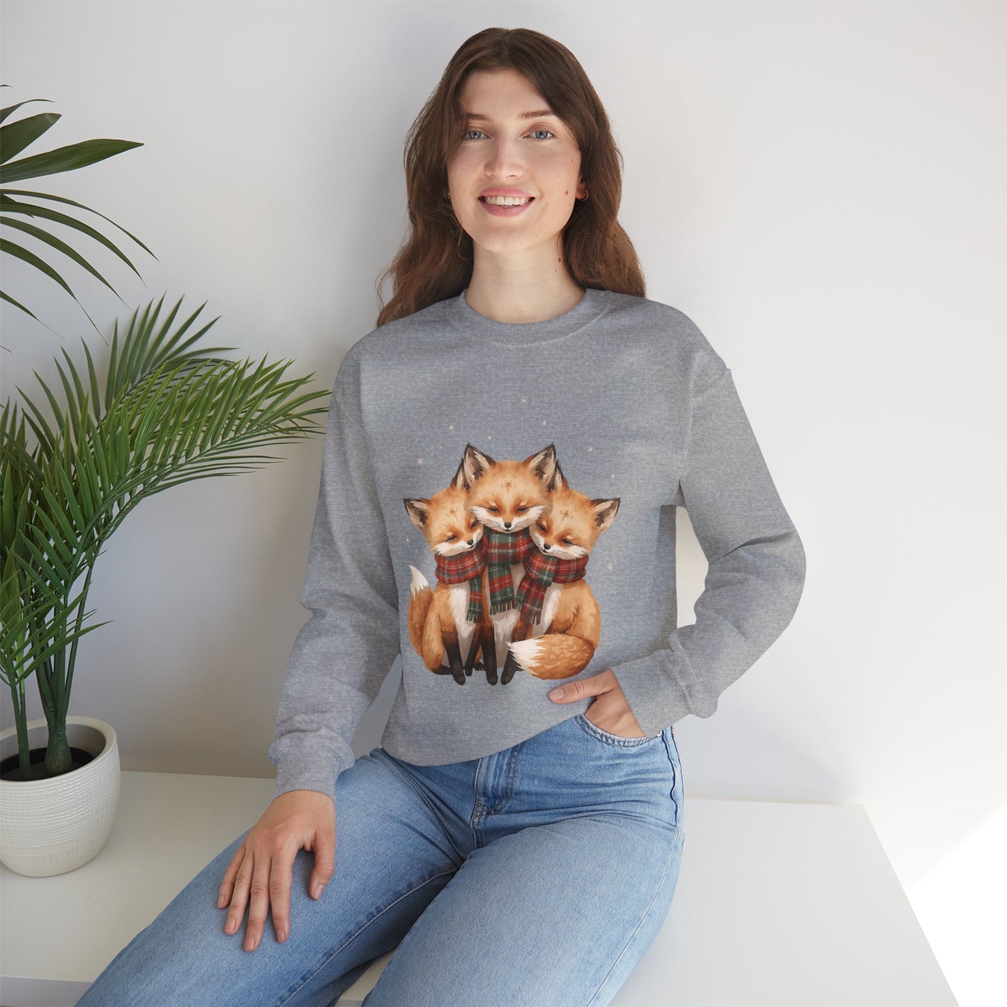 Fox Family Crewneck Sweatshirt - Cozy Plaid Scarf Foxes, Cute Winter Gift