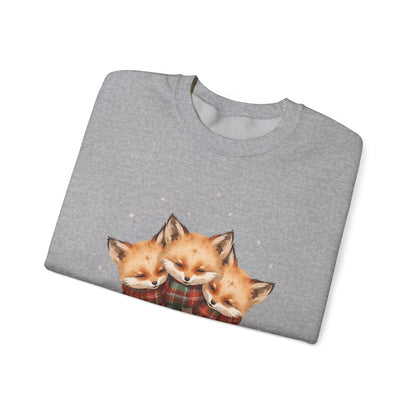 Fox Family Crewneck Sweatshirt - Cozy Plaid Scarf Foxes, Cute Winter Gift