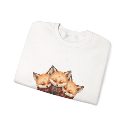 Fox Family Crewneck Sweatshirt - Cozy Plaid Scarf Foxes, Cute Winter Gift