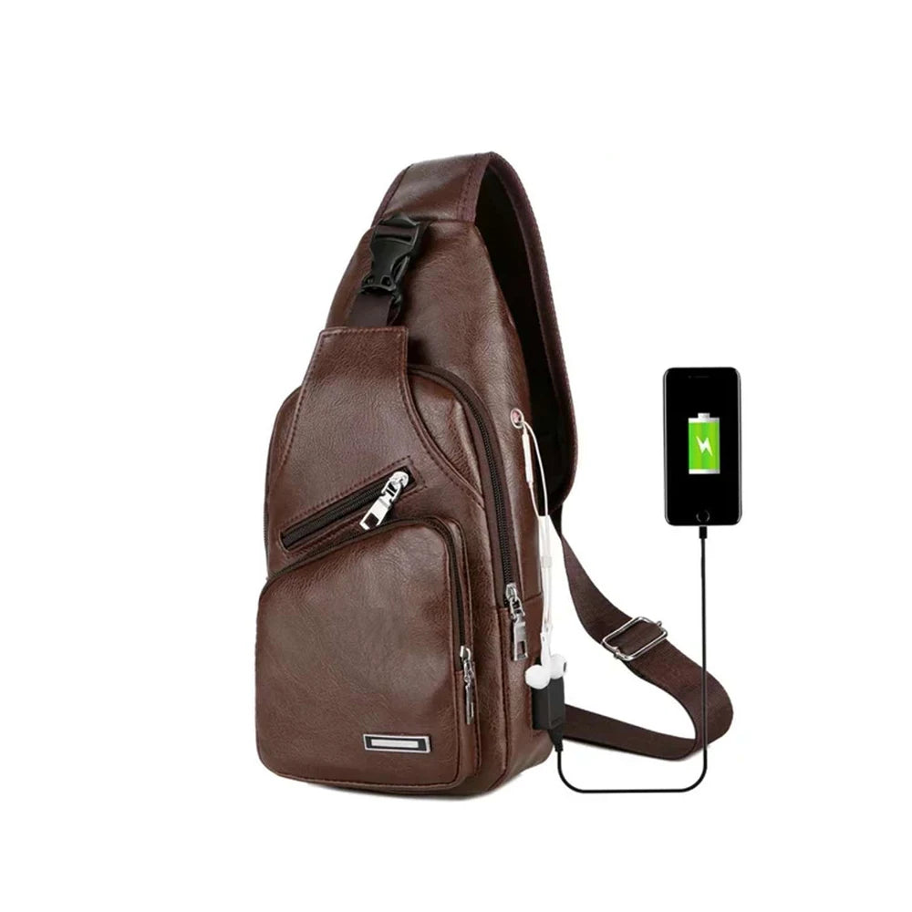 Men’s PU Leather Chest Bag – Casual Solid Color USB Charging Crossbody Bag