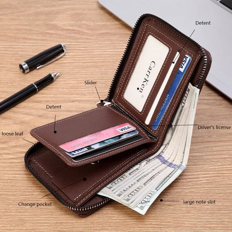 Men’s PU Leather Short Bifold Wallet – Zippered Coin & Card Purse