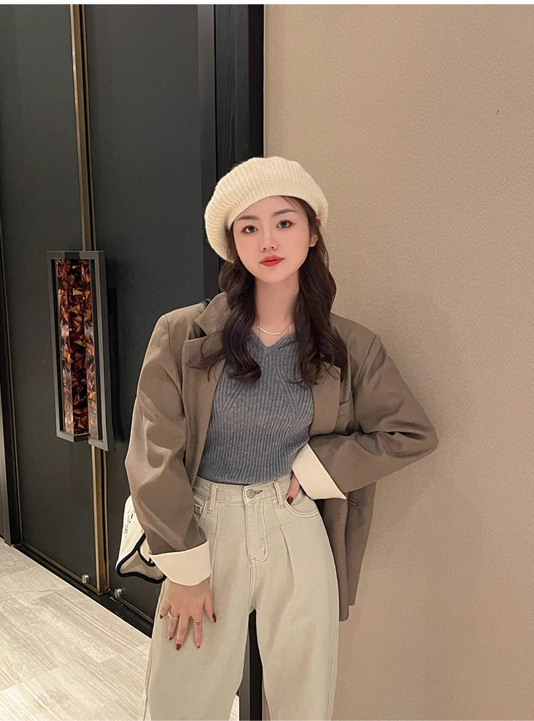 Slim V-Neck Ribbed Knit Sweater – Autumn/Winter