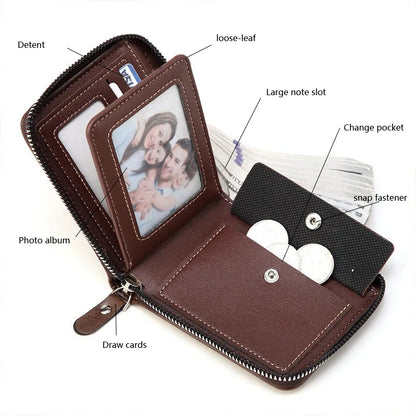 Men’s PU Leather Short Bifold Wallet – Zippered Coin & Card Purse