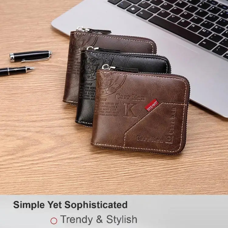 Men’s PU Leather Short Bifold Wallet – Zippered Coin & Card Purse