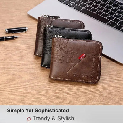 Men’s PU Leather Short Bifold Wallet – Zippered Coin & Card Purse