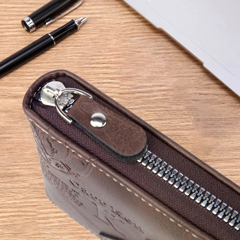 Men’s PU Leather Short Bifold Wallet – Zippered Coin & Card Purse