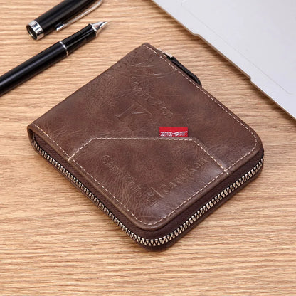 Men’s PU Leather Short Bifold Wallet – Zippered Coin & Card Purse