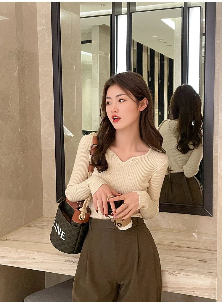 Slim V-Neck Ribbed Knit Sweater – Autumn/Winter