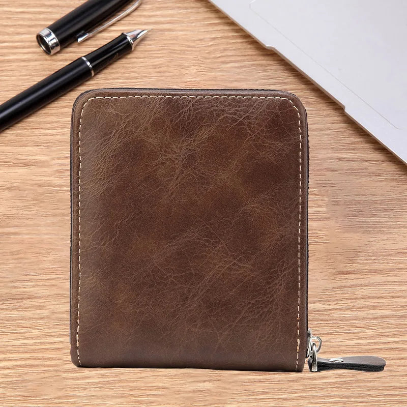 Men’s PU Leather Short Bifold Wallet – Zippered Coin & Card Purse