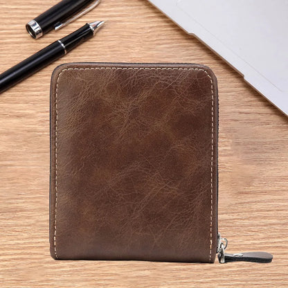 Men’s PU Leather Short Bifold Wallet – Zippered Coin & Card Purse