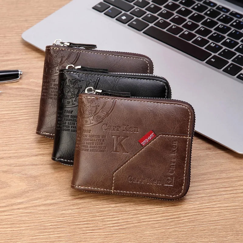Men’s PU Leather Short Bifold Wallet – Zippered Coin & Card Purse