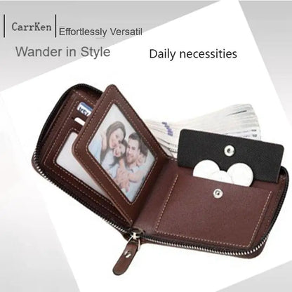 Men’s PU Leather Short Bifold Wallet – Zippered Coin & Card Purse