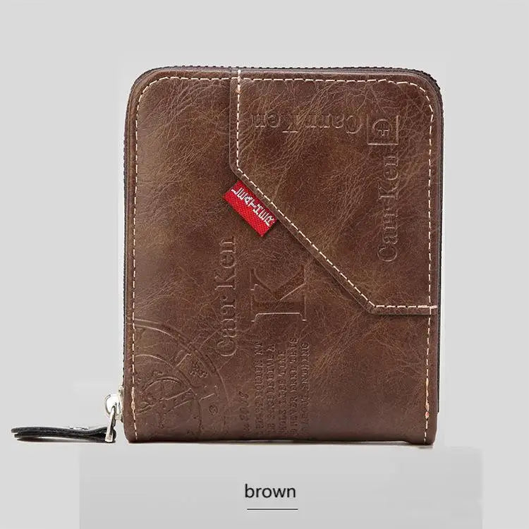 Men’s PU Leather Short Bifold Wallet – Zippered Coin & Card Purse