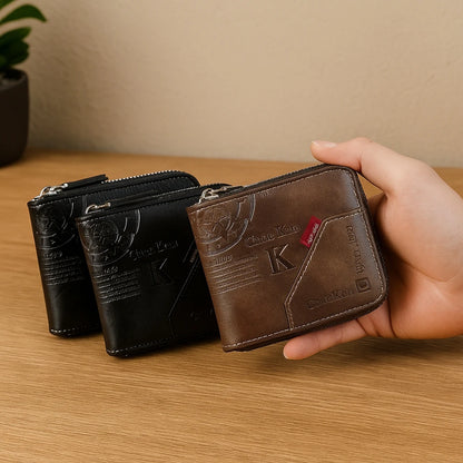 Men’s PU Leather Short Bifold Wallet – Zippered Coin & Card Purse