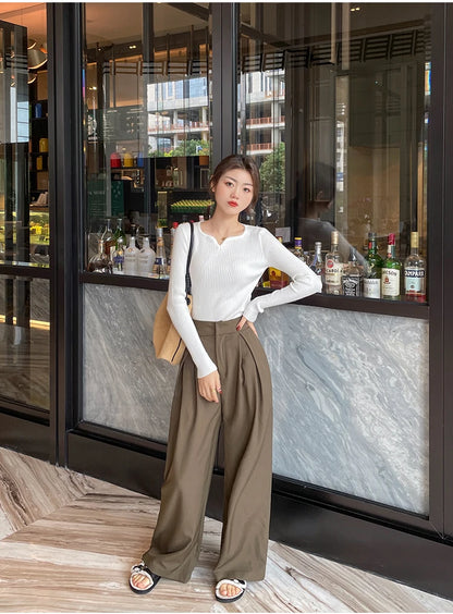 Slim V-Neck Ribbed Knit Sweater – Autumn/Winter