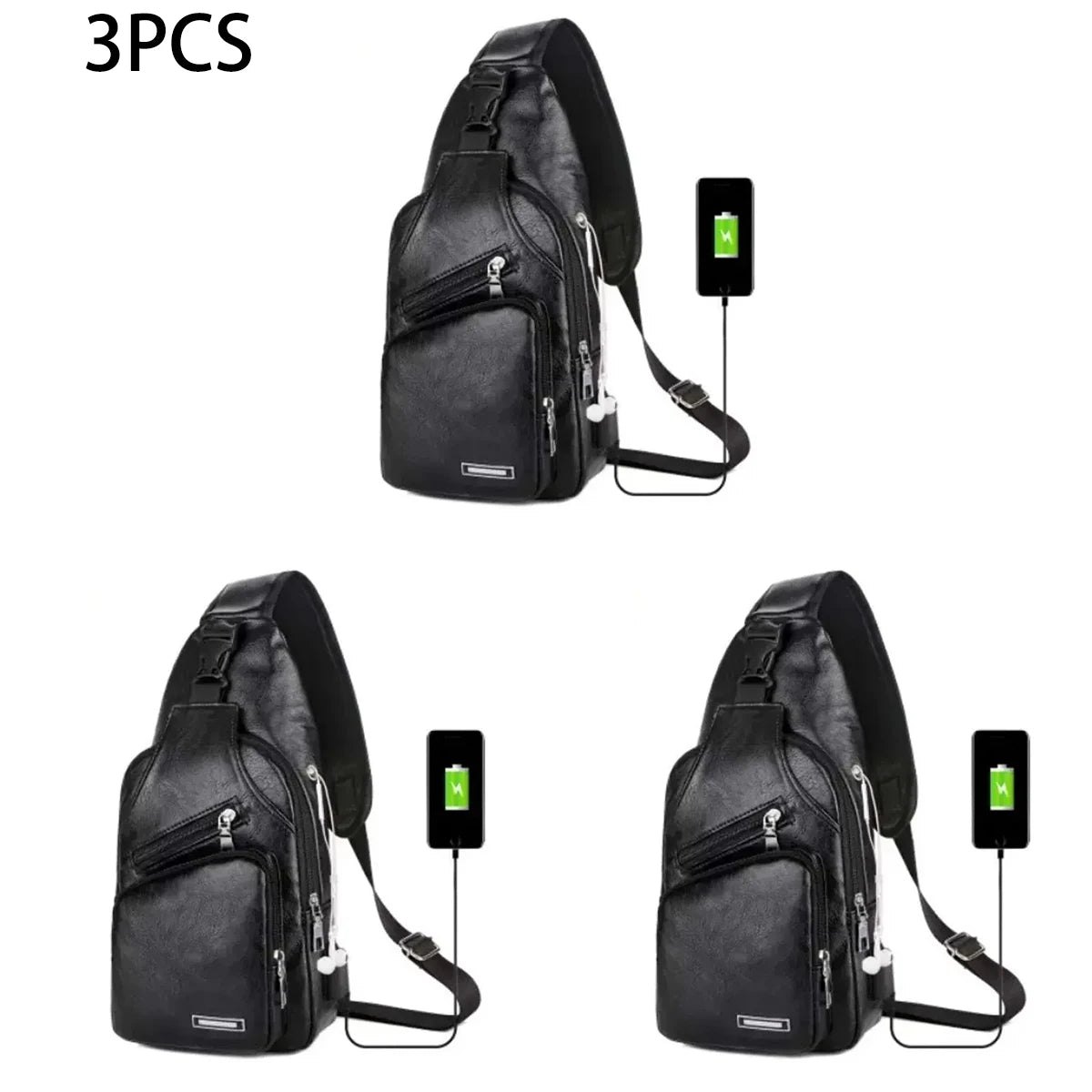 Men’s PU Leather Chest Bag – Casual Solid Color USB Charging Crossbody Bag