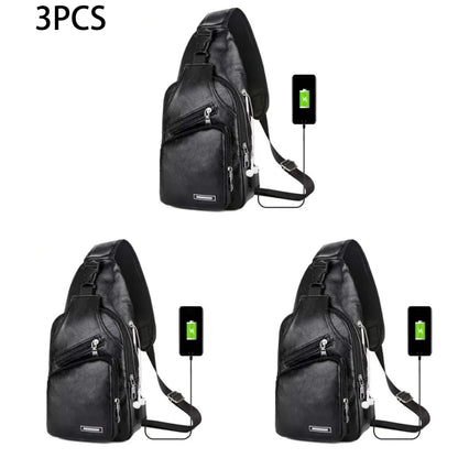 Men’s PU Leather Chest Bag – Casual Solid Color USB Charging Crossbody Bag