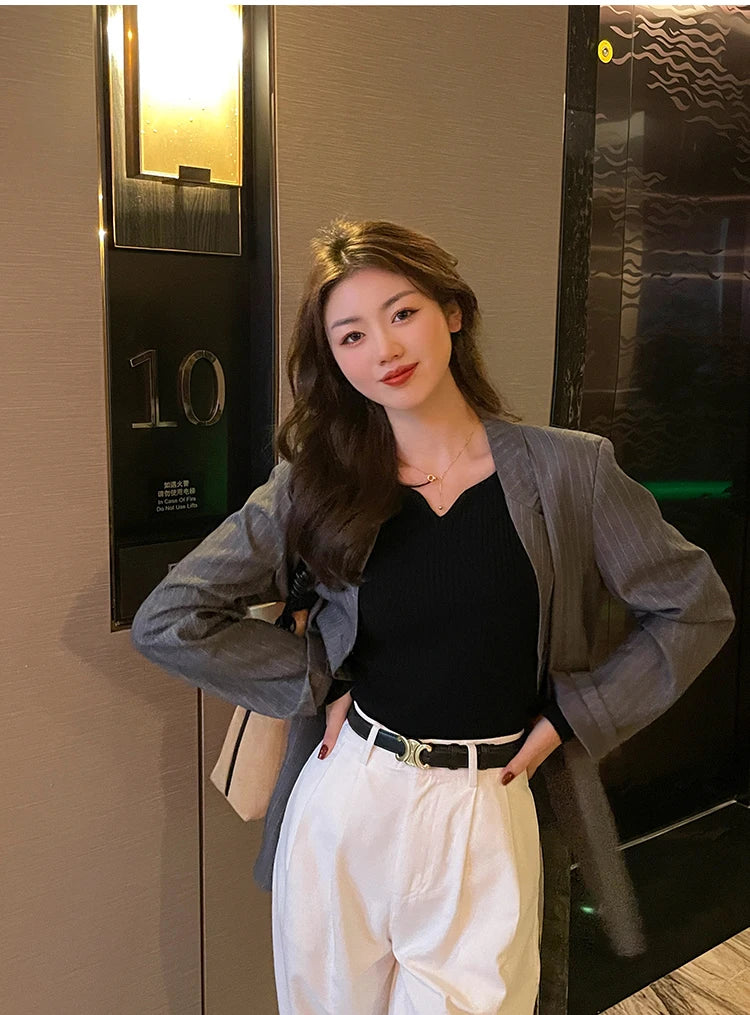 Slim V-Neck Ribbed Knit Sweater – Autumn/Winter