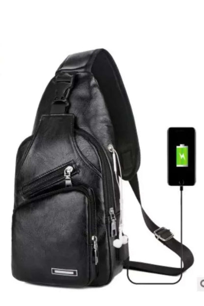 Men’s PU Leather Chest Bag – Casual Solid Color USB Charging Crossbody Bag