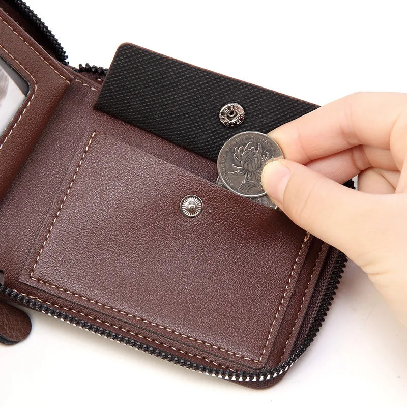 Men’s PU Leather Short Bifold Wallet – Zippered Coin & Card Purse