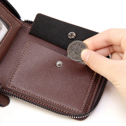 Men’s PU Leather Short Bifold Wallet – Zippered Coin & Card Purse