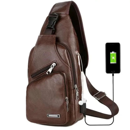 Men’s PU Leather Chest Bag – Casual Solid Color USB Charging Crossbody Bag