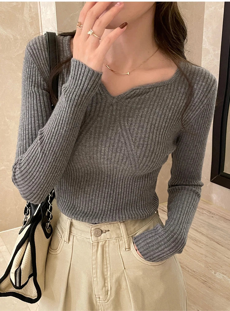 Slim V-Neck Ribbed Knit Sweater – Autumn/Winter