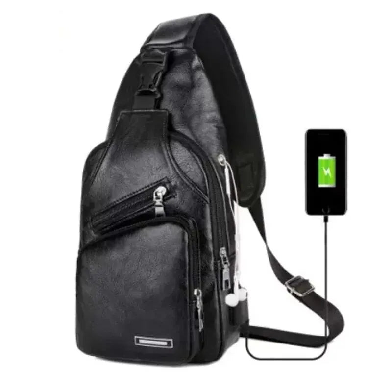 Men’s PU Leather Chest Bag – Casual Solid Color USB Charging Crossbody Bag